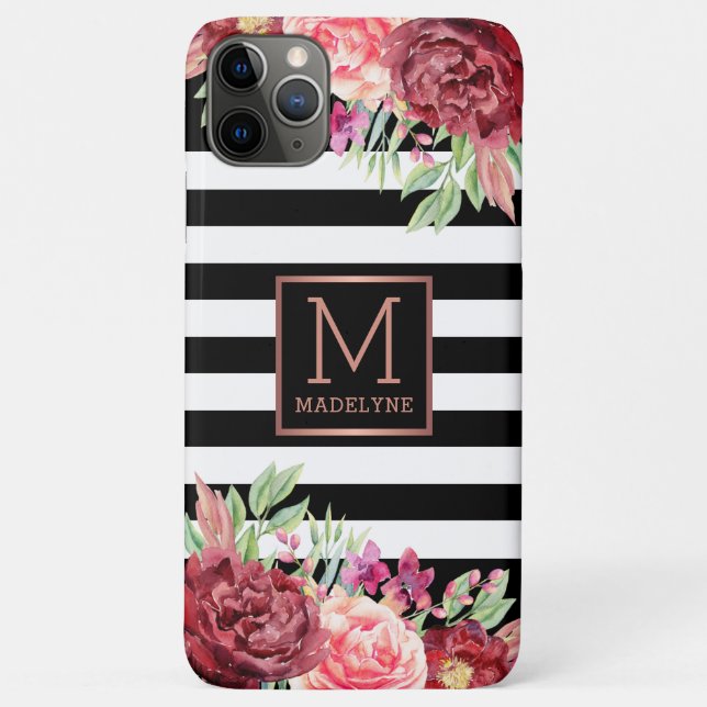 Floral Monogram Black White Striped Rose Gold Case-Mate iPhone Case (Back)