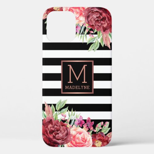 Floral Monogram Black White Striped Rose Gold iPhone 12 Pro Case