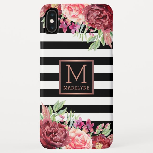Floral Monogram Black White Striped Rose Gold Case-Mate iPhone Case (Back)