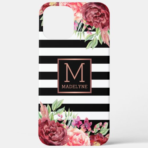 Floral Monogram Black White Striped Rose Gold iPhone 12 Pro Max Case