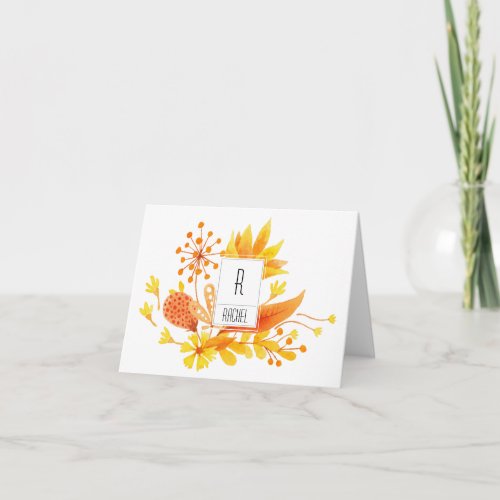 Floral Monogram Blank Note Card Orange Flowers