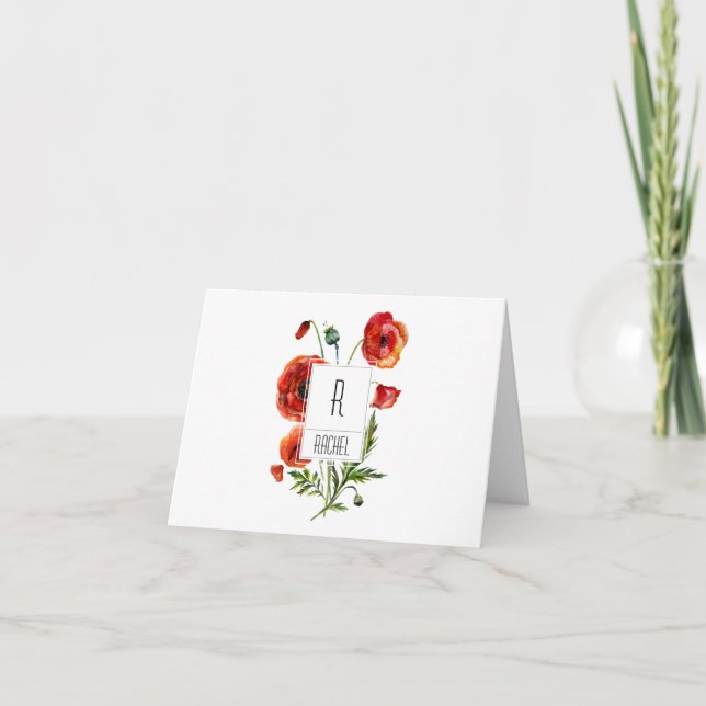 Floral Monogram Blank Note Card Red Poppy Flowers (Front)