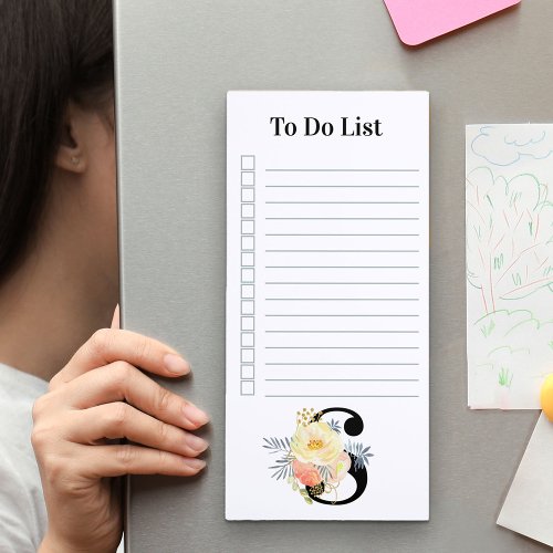 Floral Monogram Blush Pink and Gold To Do List Magnetic Notepad