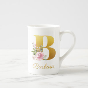 Floral Monogram Botanical Name Initial B Custom Bone China Mug