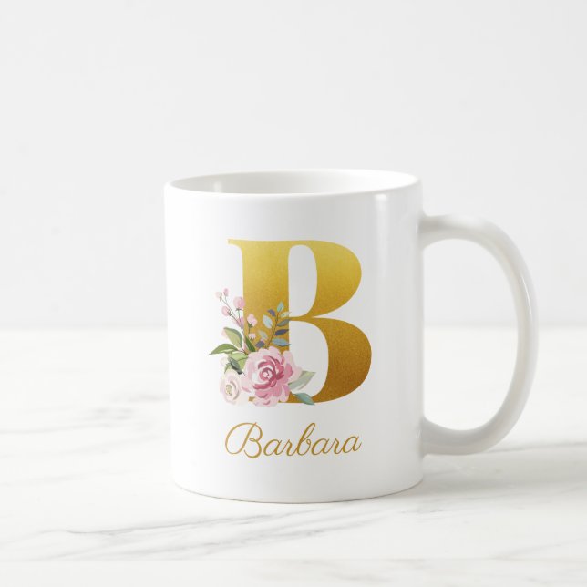 Floral Monogram Botanical Name Initial B Custom Coffee Mug (Right)