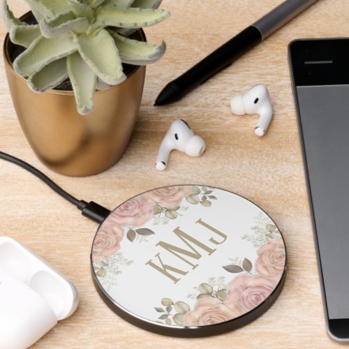 Floral Monogram Botanical Pretty Rose Watercolor  Wireless Charger