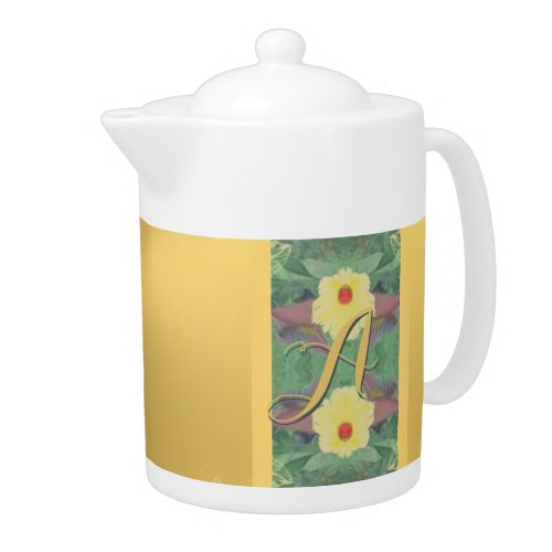 Floral Monogram Brass_like Porcelain  Teapot