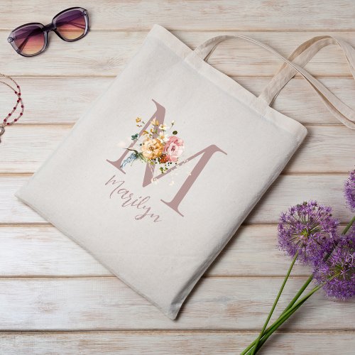 Floral Monogram Bridesmaid Bachelorette Party Gift Tote Bag