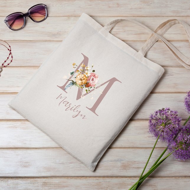 Floral Monogram Bridesmaid Bachelorette Party Gift Tote Bag (Creator Uploaded)
