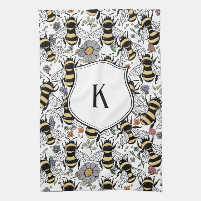 Floral Monogram Bumble Bee  Kitchen Towel (Vertical)