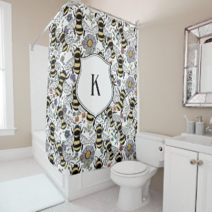 Floral Monogram Bumble Bee  Shower Curtain