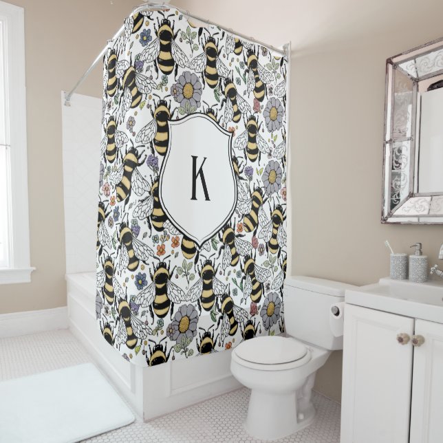 Floral Monogram Bumble Bee  Shower Curtain (In Situ)