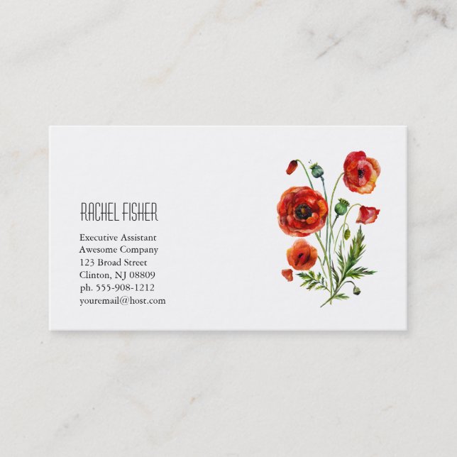 Floral Monogram Business Card Red Poppy Flowers (Front)