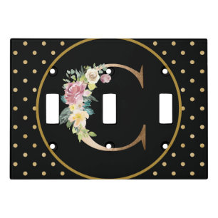 Floral Monogram C Black & Gold Polka Dots Light Switch Cover