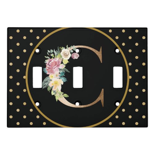 Floral Monogram C Black  Gold Polka Dots Light Switch Cover