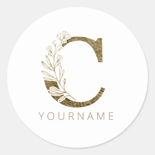 Floral Monogram C Elegant Gold Foliage Classic Round Sticker (Front)