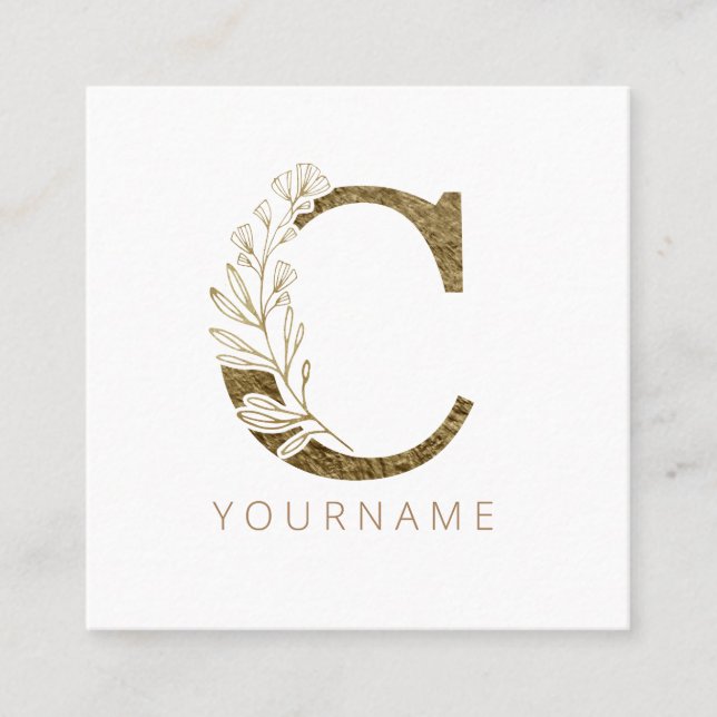 Floral Monogram C Elegant Gold Foliage Square Business Card (Front)