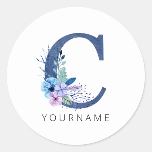 Floral Monogram C Winter Blue Blossoms Classic Round Sticker