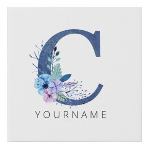 Floral Monogram C Winter Blue Blossoms Faux Canvas Print