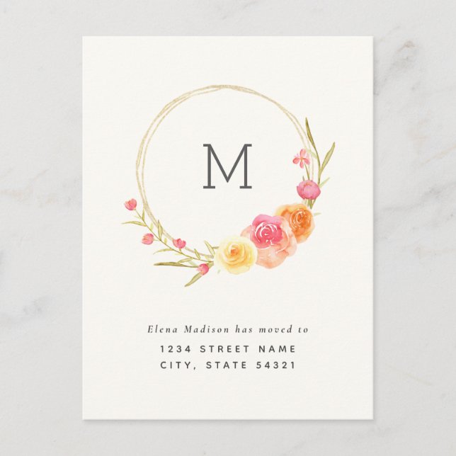Floral Monogram Change of Address Announcement Postcard (Front)