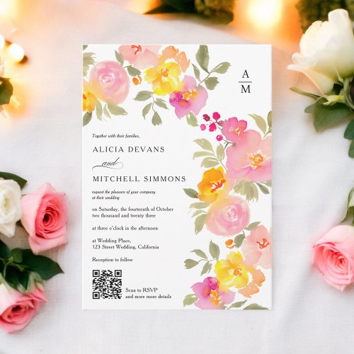 Floral monogram chic Qr code and photo wedding Invitation