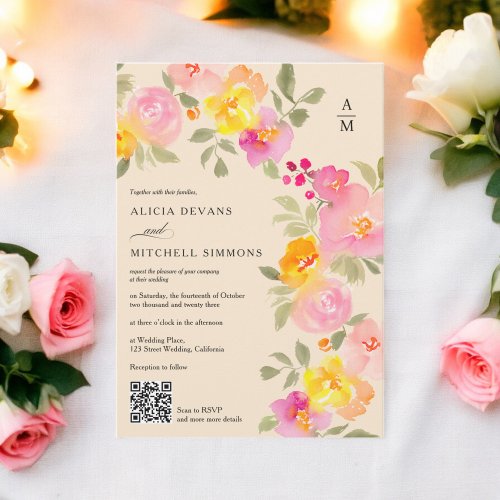 Floral monogram chic Qr code photo beige wedding Invitation