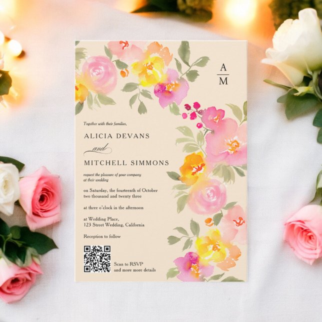 Floral monogram chic Qr code photo beige wedding Invitation (Floral monogram chic Qr code photo beige wedding Invitation)