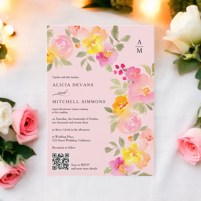 Floral monogram chic Qr code photo blush wedding Invitation (Floral monogram chic Qr code photo blush wedding Invitation)