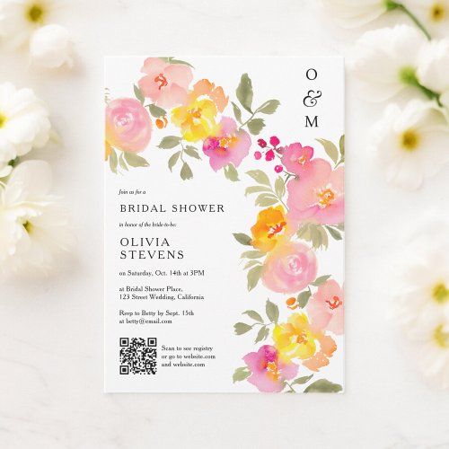 Floral monogram chic Qr code photo bridal shower Invitation