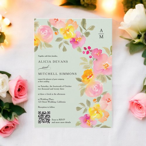 Floral monogram chic Qr code photo green wedding Invitation