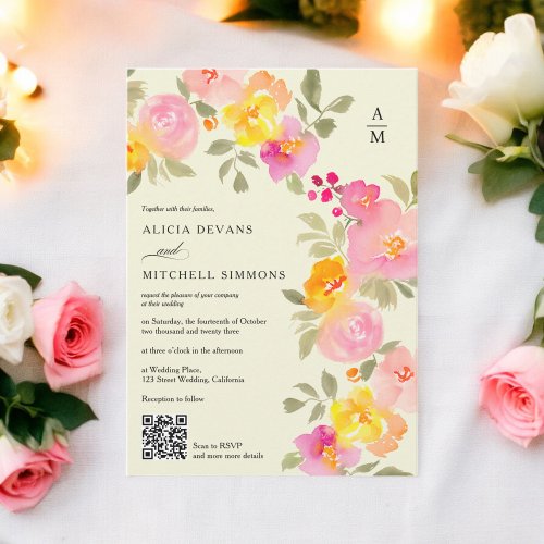 Floral monogram chic Qr code photo ivory wedding Invitation