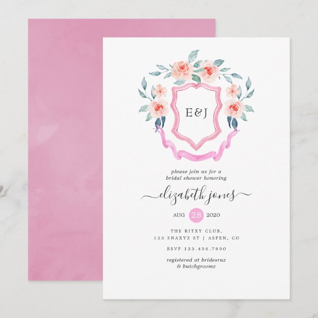 Floral Monogram Crest Bridal Shower Invitation (Front/Back)