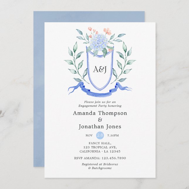 Floral Monogram Crest Engagement Party Invitation (Front/Back)