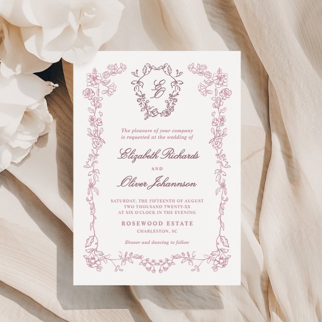 Floral Monogram Crest Frame Wedding Letterpress Invitation (Creator Uploaded)