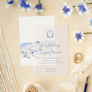 Floral Monogram Crest Minimal Elegant Blue Wedding Vellum Invitations