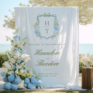 Floral Monogram Crest Wedding Backdrop Tapestry