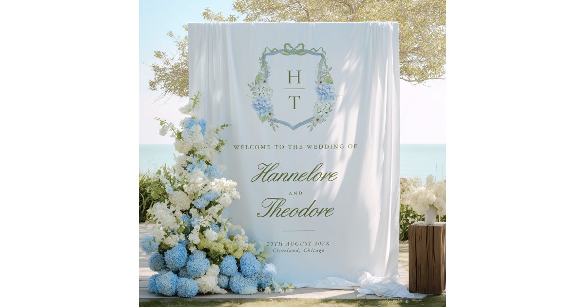Floral Monogram Crest Wedding Backdrop Tapestry | Zazzle