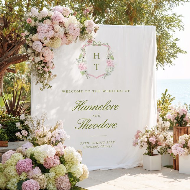 Floral Monogram Crest Wedding Backdrop Tapestry (Creator Uploaded)