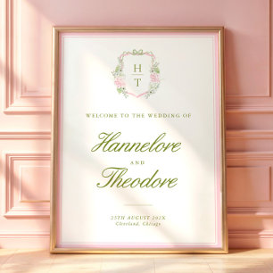 Floral Monogram Crest Wedding Backdrop Tapestry Poster