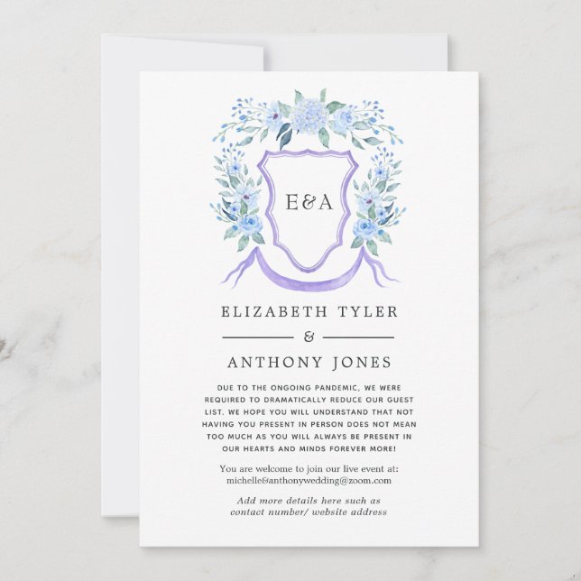 Floral Monogram Crest Wedding Reduced Guest List Announcement (Front)