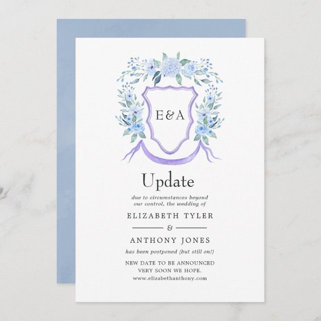 Floral Monogram Crest Wedding Update Invitation (Front/Back)