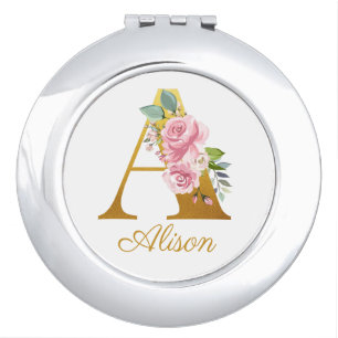 Floral Monogram Custom Name Initial Botanical Compact Mirror