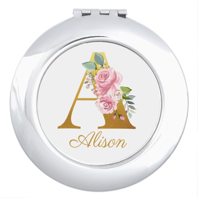 Floral Monogram Custom Name Initial Botanical Compact Mirror (Front)
