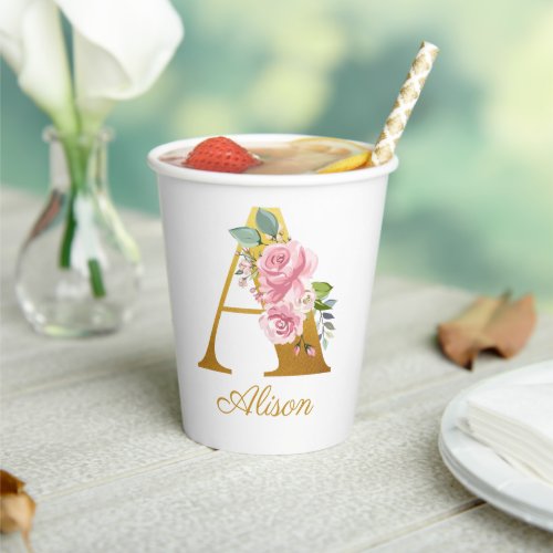 Floral Monogram Custom Name Initial Botanical Paper Cups