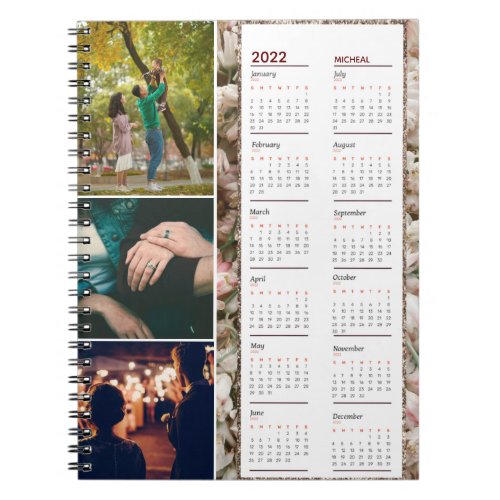 Floral Monogram custom three photos calendar 2022  Notebook