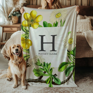 Floral Monogram Daisies Initial Greenery Fleece Blanket
