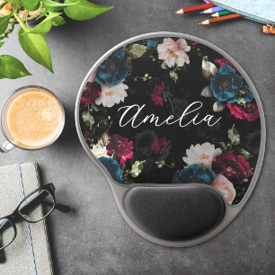 Floral Monogram Dark Turquoise Red Bloom Gel Mouse Pad