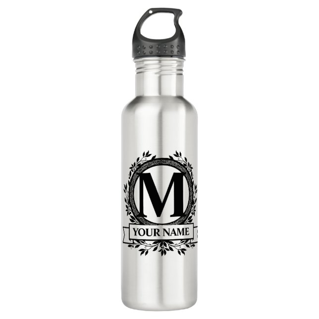 Floral Monogram Design Stainless Steel Water Bottle (Front)