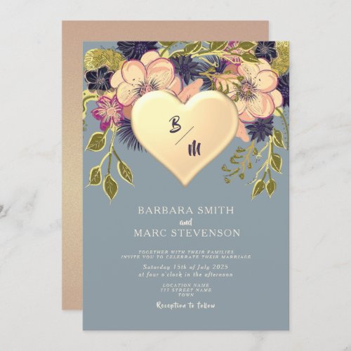 Floral Monogram Dusty Blue Wedding Invitation