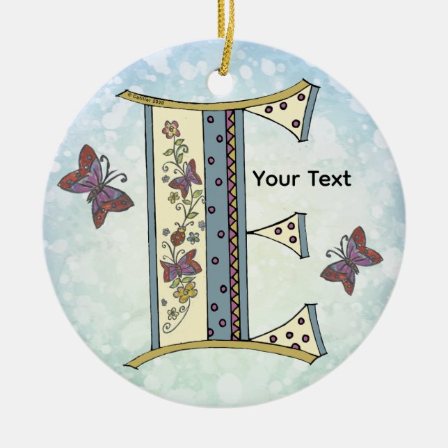floral Monogram E Ceramic Ornament (Front)